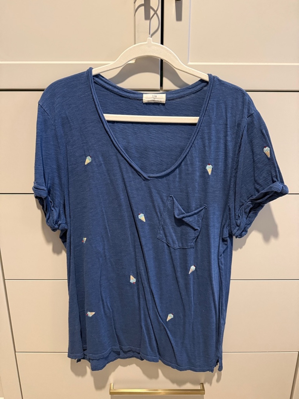 T.La Blue Short Sleeve Tee with Ice Cream Embroidery